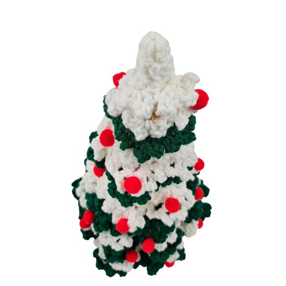Vintage Crochet Christmas Tree Gree White Yarn Hand Crafted Tree Topper Decor - Picture 10 of 10